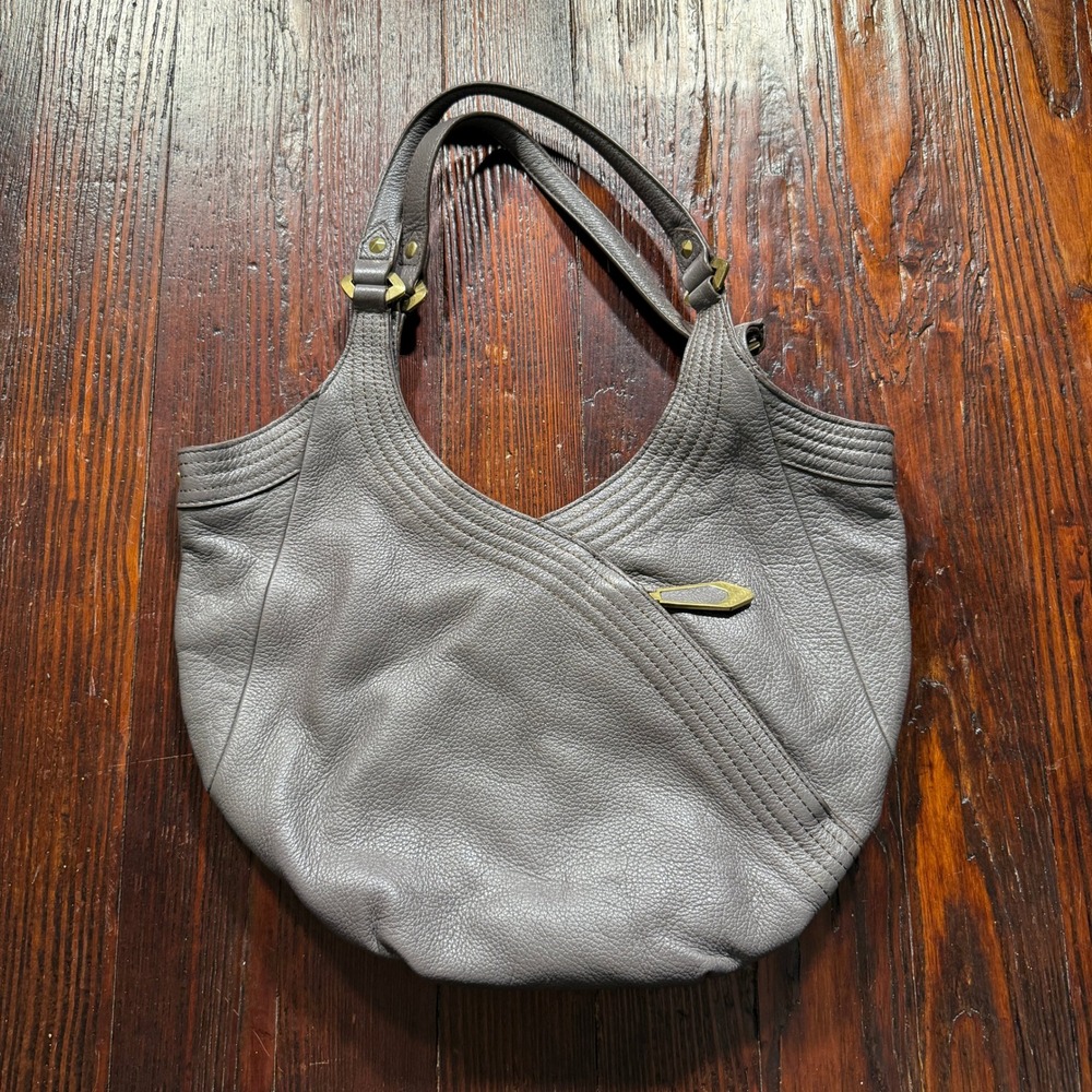 Oryany Hobo Shoulder Bag Purse Gray Pebbled Leather Brass Hardware